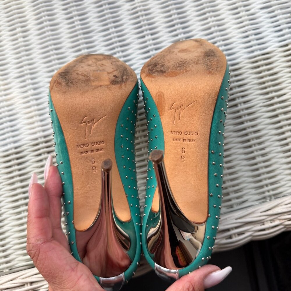 Giuseppe Zanotti Green Studded Peep Toe Heels Size 6 - Picture 5 of 7